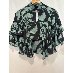 CINQ À SEPT Ileana Palm Print Silk Mock Neck Layered Ruffle Blouse  Sz XS